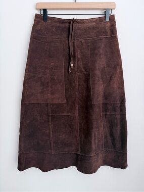 Maxima VTG Wilsons Leather Midi Skirt 8 A-Line Brown Suede Patchwork Tie Waist